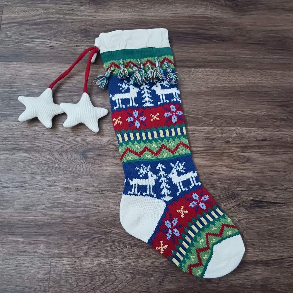 Knit Fair Isle Christmas Stocking Reindeer Tassels Star Charms 24 Inch
